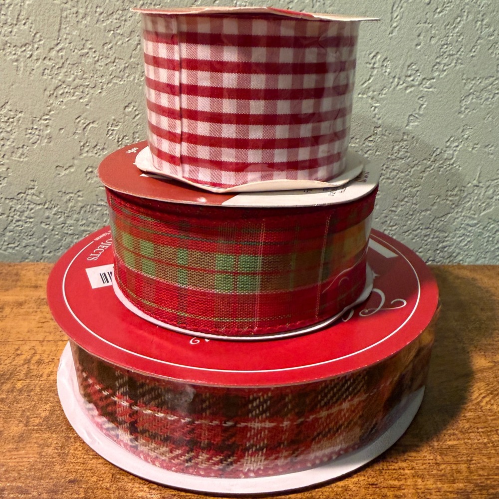 Lot of 3 Rolls Ribbon Holiday Christmas NEW Red Green White Plaid Checkered  New